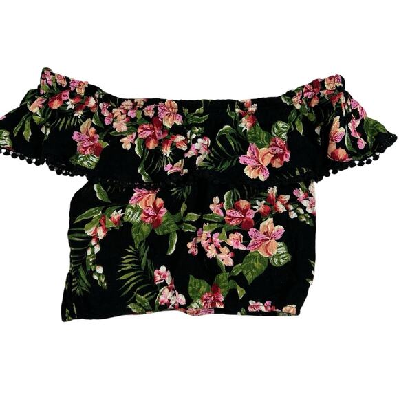 Ambiance Tops - Ambiance Womens Crop Top Black Tropical Floral Off Shoulder Ruffle Pom Trim Sz M